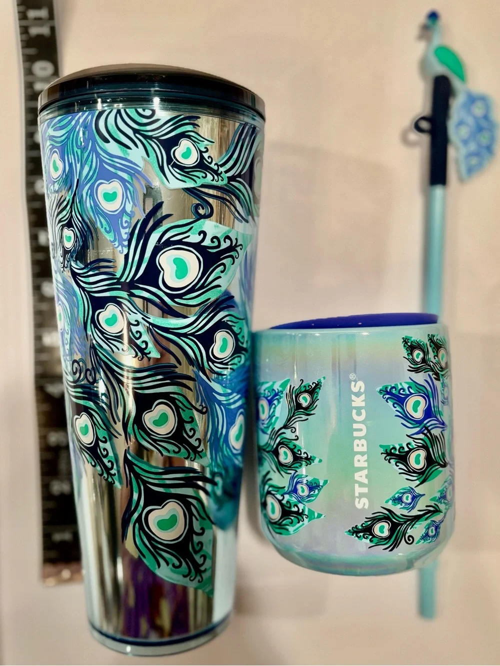 Starbucks LE Peacock 24oz cold drink tumbler / 8oz hot drink ceramic cup / NEW